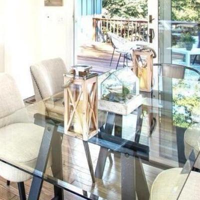 Sale Photo Thumbnail #46: - Saw horse dining table (QTY 3)
- Mid century tan linen dining chairs with nailheads (Qty 4 total)
- Metal farm chairs  (qty 2) 