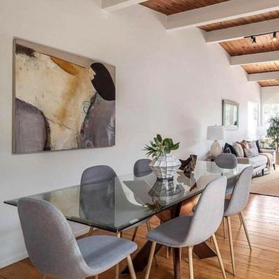 Sale Photo Thumbnail #56: - wood base with 7’ glass top dining table
- Gray mod dining chairs ( QTY 12)