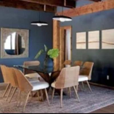 Sale Photo Thumbnail #57: -  Glass dining table 7’ 
 - Cane boho chairs