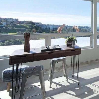 Sale Photo Thumbnail #124: Modern teak with wire cage legs counter height