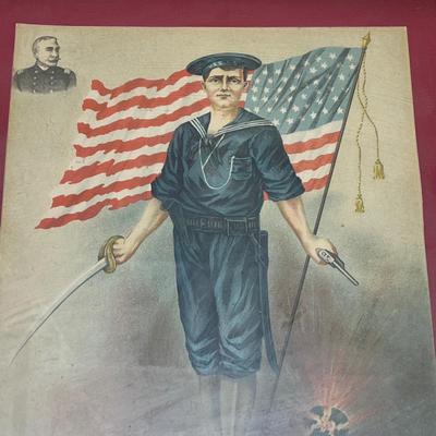1898 Spanish American War Naval Poster Lithograph Print - U.S. Navy Sailor, Admiral George Dewey upper left corner