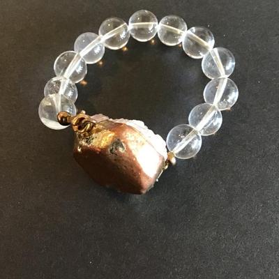 Sale Photo Thumbnail #75: Vintage clear glass beaded stretch bracelet with rose quartz nugget please see attached photos