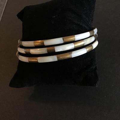 Sale Photo Thumbnail #101: Very nice Vintage trio brass and mother pearl bracelets please see attached photos