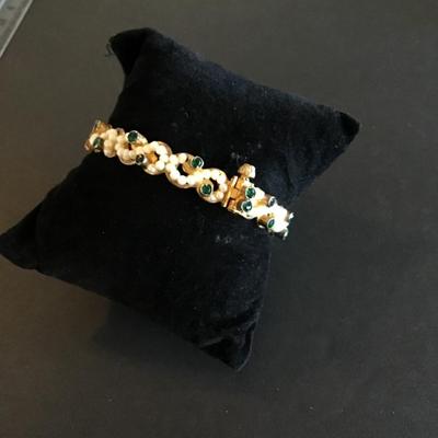 Sale Photo Thumbnail #196: Vintage Gold Tone Bracelet with Faux pearls and green rhinestones Please see attached photos