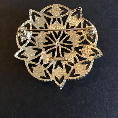 Sale Photo Thumbnail #65: Beautiful Vintage Sarah Coventry Acapulco brooch with gold tone setting with faux green Jade and red coral cabochon stones Please see attached photos