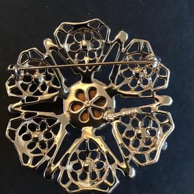 Sale Photo Thumbnail #116: Vintage Sarah Coventry serenade gold tone brooch with red glass cabochons and rhinestones 1970 era Please see attached photos