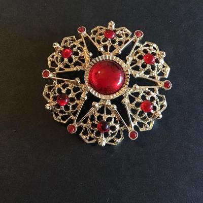 Sale Photo Thumbnail #114: Vintage Sarah Coventry serenade gold tone brooch with red glass cabochons and rhinestones 1970 era Please see attached photos