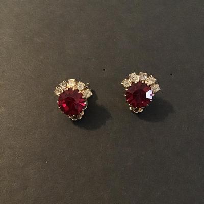 Sale Photo Thumbnail #149: Beautiful Vintage Ruby and Clear rhinestone Clip on Earrings Please see attached photos