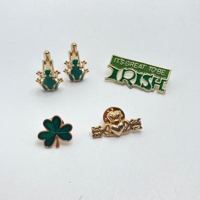 LOT 29: Vintage Otagiri Japan Gibson Mallard / Green Music Box, Collection of Pins (Avon / Irish Pins, King Bling Necklace, Cufflinks and...