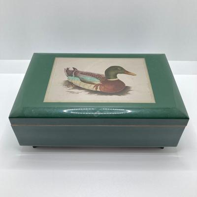 LOT 29: Vintage Otagiri Japan Gibson Mallard / Green Music Box, Collection of Pins (Avon / Irish Pins, King Bling Necklace, Cufflinks and...