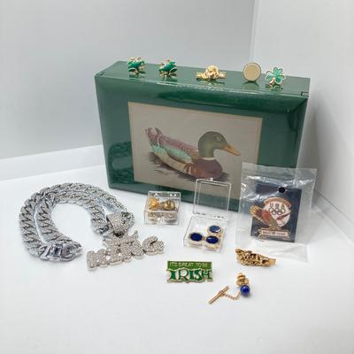 LOT 29: Vintage Otagiri Japan Gibson Mallard / Green Music Box, Collection of Pins (Avon / Irish Pins, King Bling Necklace, Cufflinks and...
