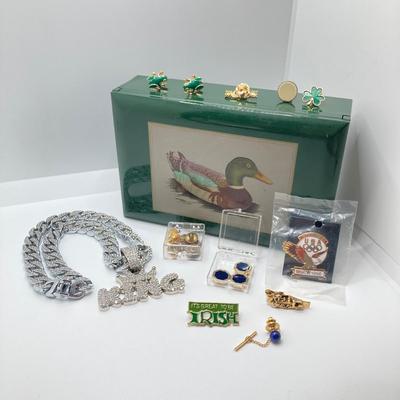 LOT 29: Vintage Otagiri Japan Gibson Mallard / Green Music Box, Collection of Pins (Avon / Irish Pins, King Bling Necklace, Cufflinks and...