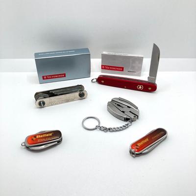LOT 36: Vintage Victorinox Swiss Made Single Blade Folding Utility Knife, Pair of Sheffield Folding Knives, Columbia Folding Utility Tool...