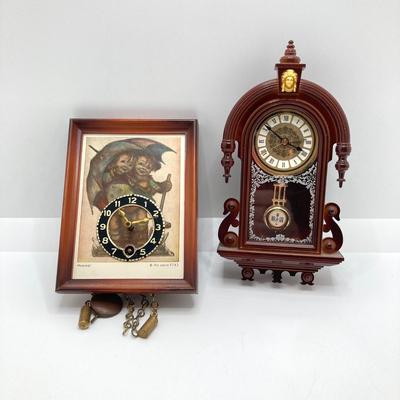 LOT 45: Pair of Miniature Wall Clocks (M.I. Hummel Stormy ARS Sacra 9743 / Plastic Battery Operated with Four Pine Cone Weights