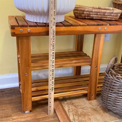 LOT 46: Wood Patiojoy Costway Bench with Baskets and White Better Homes and Gardens Planter