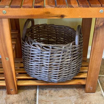 LOT 46: Wood Patiojoy Costway Bench with Baskets and White Better Homes and Gardens Planter