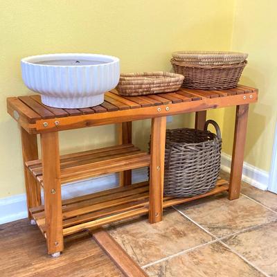LOT 46: Wood Patiojoy Costway Bench with Baskets and White Better Homes and Gardens Planter