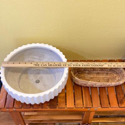 LOT 46: Wood Patiojoy Costway Bench with Baskets and White Better Homes and Gardens Planter