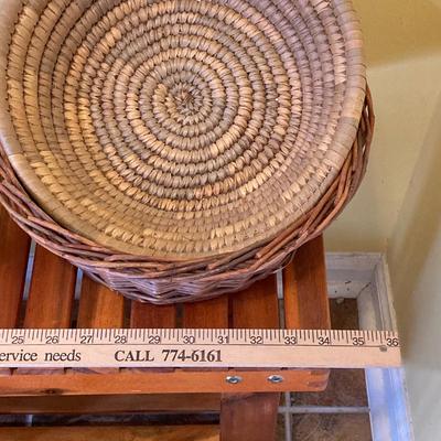 LOT 46: Wood Patiojoy Costway Bench with Baskets and White Better Homes and Gardens Planter