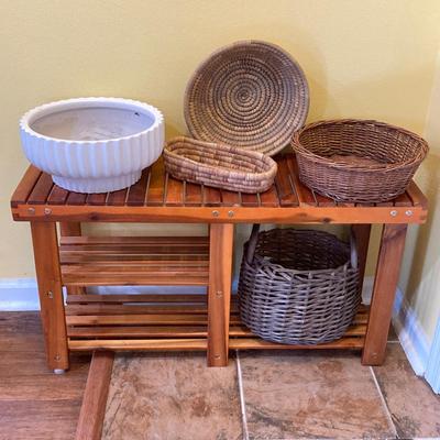 LOT 46: Wood Patiojoy Costway Bench with Baskets and White Better Homes and Gardens Planter