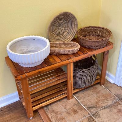 LOT 46: Wood Patiojoy Costway Bench with Baskets and White Better Homes and Gardens Planter
