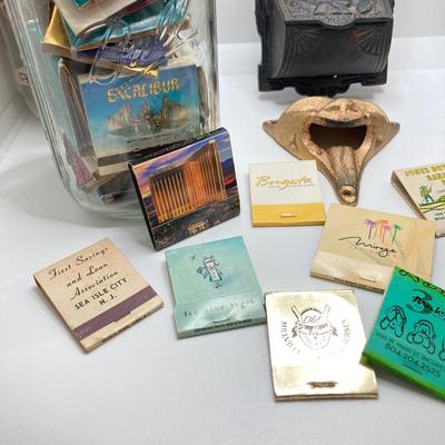 LOT 47: Vintage Cast Iron Hanging Match Holder, Gargoyle / Devil Face Bottle Opener and Glass Jars (Ball / Kerr) filled with Matchbooks