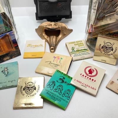 LOT 47: Vintage Cast Iron Hanging Match Holder, Gargoyle / Devil Face Bottle Opener and Glass Jars (Ball / Kerr) filled with Matchbooks