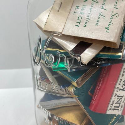 LOT 47: Vintage Cast Iron Hanging Match Holder, Gargoyle / Devil Face Bottle Opener and Glass Jars (Ball / Kerr) filled with Matchbooks