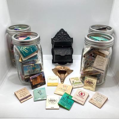 LOT 47: Vintage Cast Iron Hanging Match Holder, Gargoyle / Devil Face Bottle Opener and Glass Jars (Ball / Kerr) filled with Matchbooks