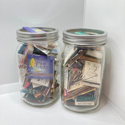 LOT 47: Vintage Cast Iron Hanging Match Holder, Gargoyle / Devil Face Bottle Opener and Glass Jars (Ball / Kerr) filled with Matchbooks