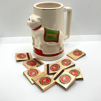 LOT 48: Vintage Militaria / Marines Collection - Baron Brass Belt Buckle, Key Chain / Watch, Souvenir Pen, USMC Mug and Matchbooks