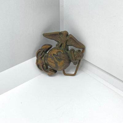 LOT 48: Vintage Militaria / Marines Collection - Baron Brass Belt Buckle, Key Chain / Watch, Souvenir Pen, USMC Mug and Matchbooks