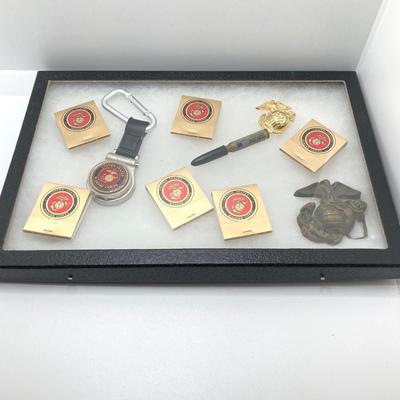 LOT 48: Vintage Militaria / Marines Collection - Baron Brass Belt Buckle, Key Chain / Watch, Souvenir Pen, USMC Mug and Matchbooks
