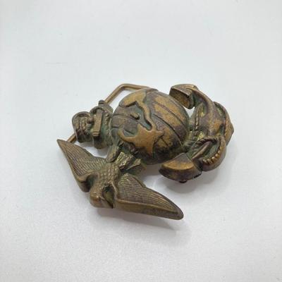 LOT 48: Vintage Militaria / Marines Collection - Baron Brass Belt Buckle, Key Chain / Watch, Souvenir Pen, USMC Mug and Matchbooks