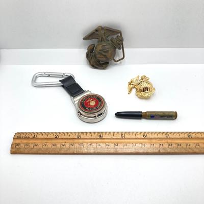 LOT 48: Vintage Militaria / Marines Collection - Baron Brass Belt Buckle, Key Chain / Watch, Souvenir Pen, USMC Mug and Matchbooks