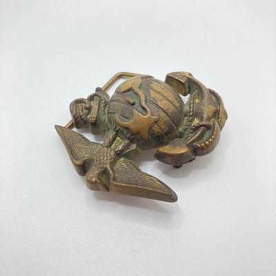 LOT 48: Vintage Militaria / Marines Collection - Baron Brass Belt Buckle, Key Chain / Watch, Souvenir Pen, USMC Mug and Matchbooks