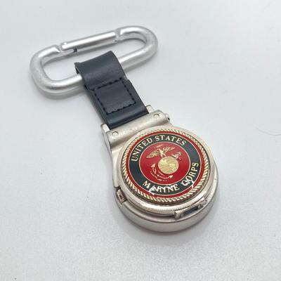 LOT 48: Vintage Militaria / Marines Collection - Baron Brass Belt Buckle, Key Chain / Watch, Souvenir Pen, USMC Mug and Matchbooks