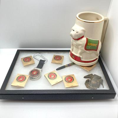 LOT 48: Vintage Militaria / Marines Collection - Baron Brass Belt Buckle, Key Chain / Watch, Souvenir Pen, USMC Mug and Matchbooks
