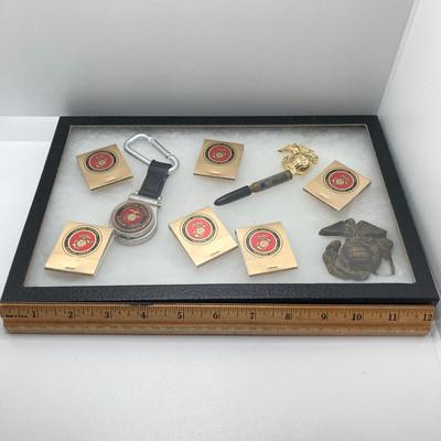 LOT 48: Vintage Militaria / Marines Collection - Baron Brass Belt Buckle, Key Chain / Watch, Souvenir Pen, USMC Mug and Matchbooks