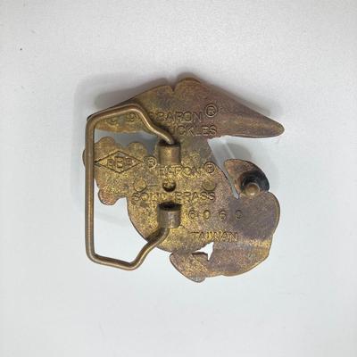 LOT 48: Vintage Militaria / Marines Collection - Baron Brass Belt Buckle, Key Chain / Watch, Souvenir Pen, USMC Mug and Matchbooks