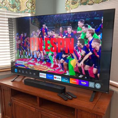 LOT 57: 65 Inch Toshiba Fire TV Model No. 65C350LU LED LCD Television with Sound Bar and Remotes