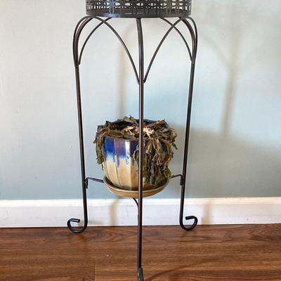 LOT 61: Metal Plant Stand with Ceramic Planters, Green Owl and Lantern with Battery Operated Candle