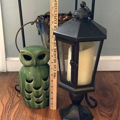 LOT 61: Metal Plant Stand with Ceramic Planters, Green Owl and Lantern with Battery Operated Candle