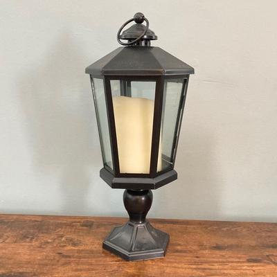 LOT 61: Metal Plant Stand with Ceramic Planters, Green Owl and Lantern with Battery Operated Candle