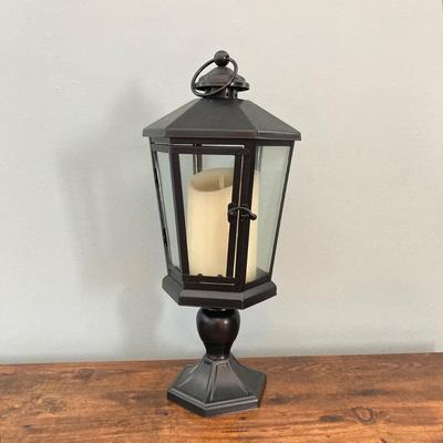 LOT 61: Metal Plant Stand with Ceramic Planters, Green Owl and Lantern with Battery Operated Candle