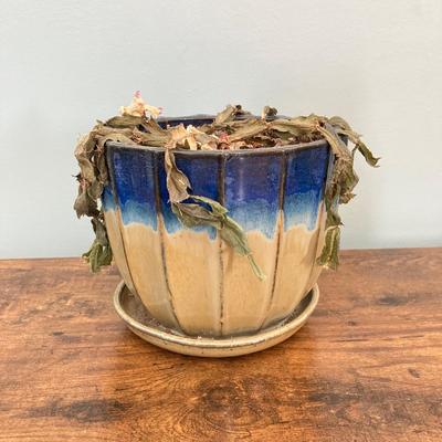 LOT 61: Metal Plant Stand with Ceramic Planters, Green Owl and Lantern with Battery Operated Candle