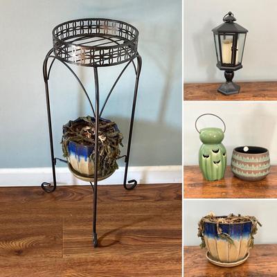 LOT 61: Metal Plant Stand with Ceramic Planters, Green Owl and Lantern with Battery Operated Candle