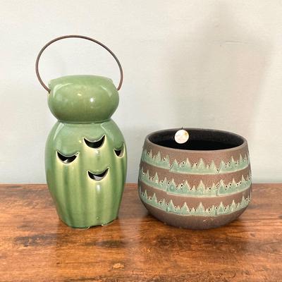 LOT 61: Metal Plant Stand with Ceramic Planters, Green Owl and Lantern with Battery Operated Candle