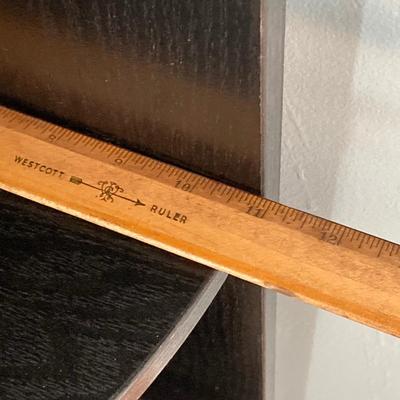 LOT 63: Black Corner Shelf Unit with Home Decor - Mirror, Candle Holder, Pink Glass Bowl, Sir Arthur Conan Doyle Book and More