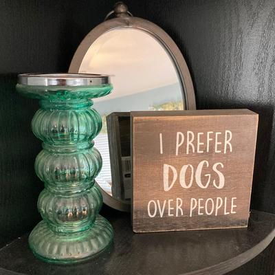 LOT 63: Black Corner Shelf Unit with Home Decor - Mirror, Candle Holder, Pink Glass Bowl, Sir Arthur Conan Doyle Book and More